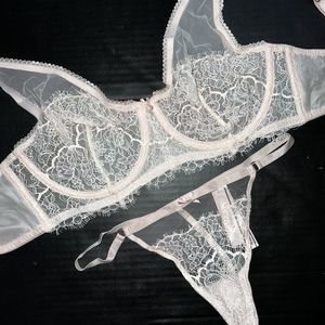 Victoria's Secret unlined 34DD BRA SET S thong light PINK lace DREAM ANGELS